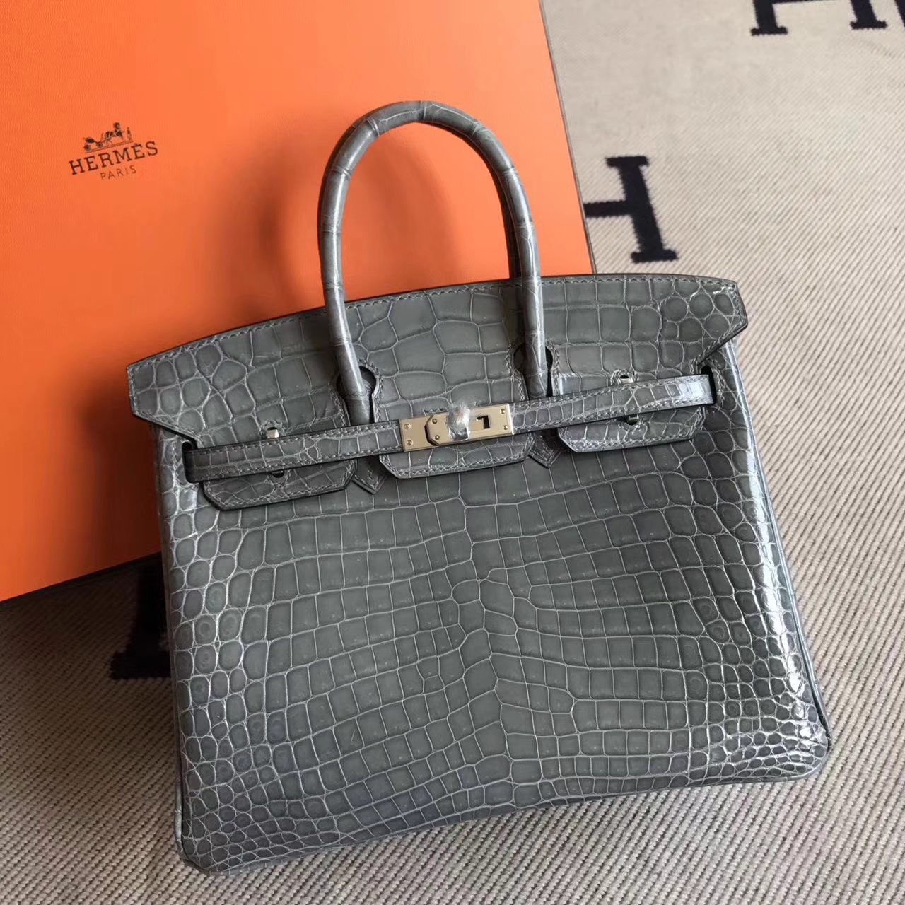 Wholesale Hermes Crocodile Shiny Birkin Handbag25cm in Mousse Grey