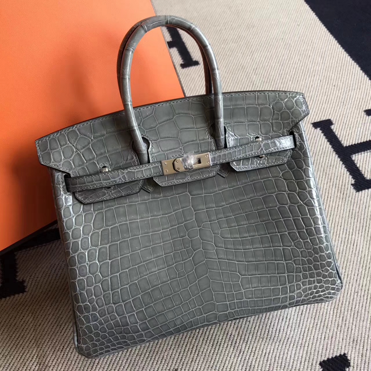 Wholesale Hermes Crocodile Shiny Birkin Handbag25cm in Mousse Grey