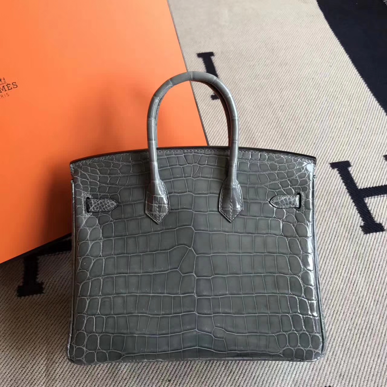 Wholesale Hermes Crocodile Shiny Birkin Handbag25cm in Mousse Grey