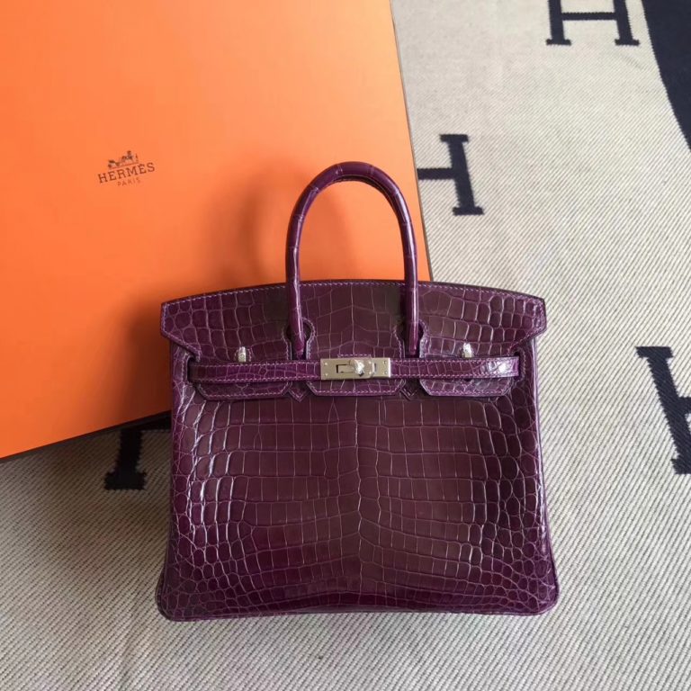 Hermes Grape Purple Crocodile Shiny Leather Birkin 25cm Bag Silver Hardware