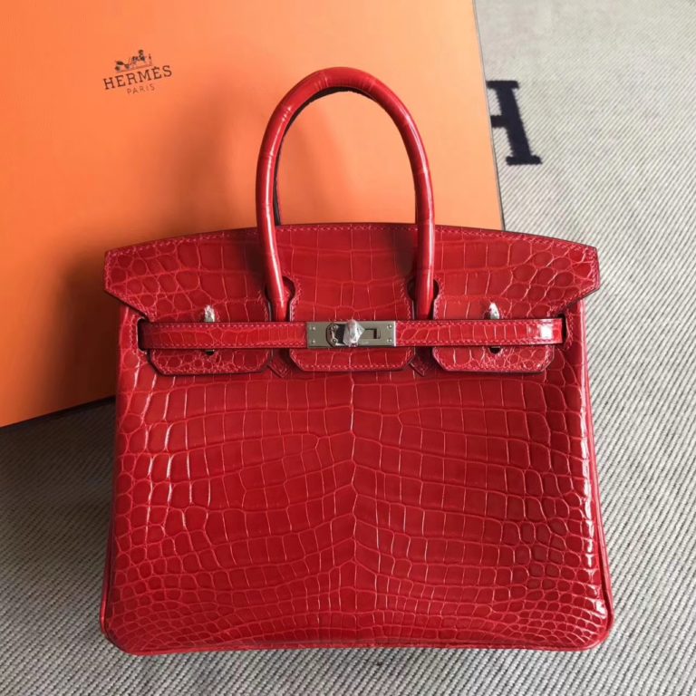 Hermes Crocodile Shiny Leather Birkin Tote Bag in CK95 Braise Red