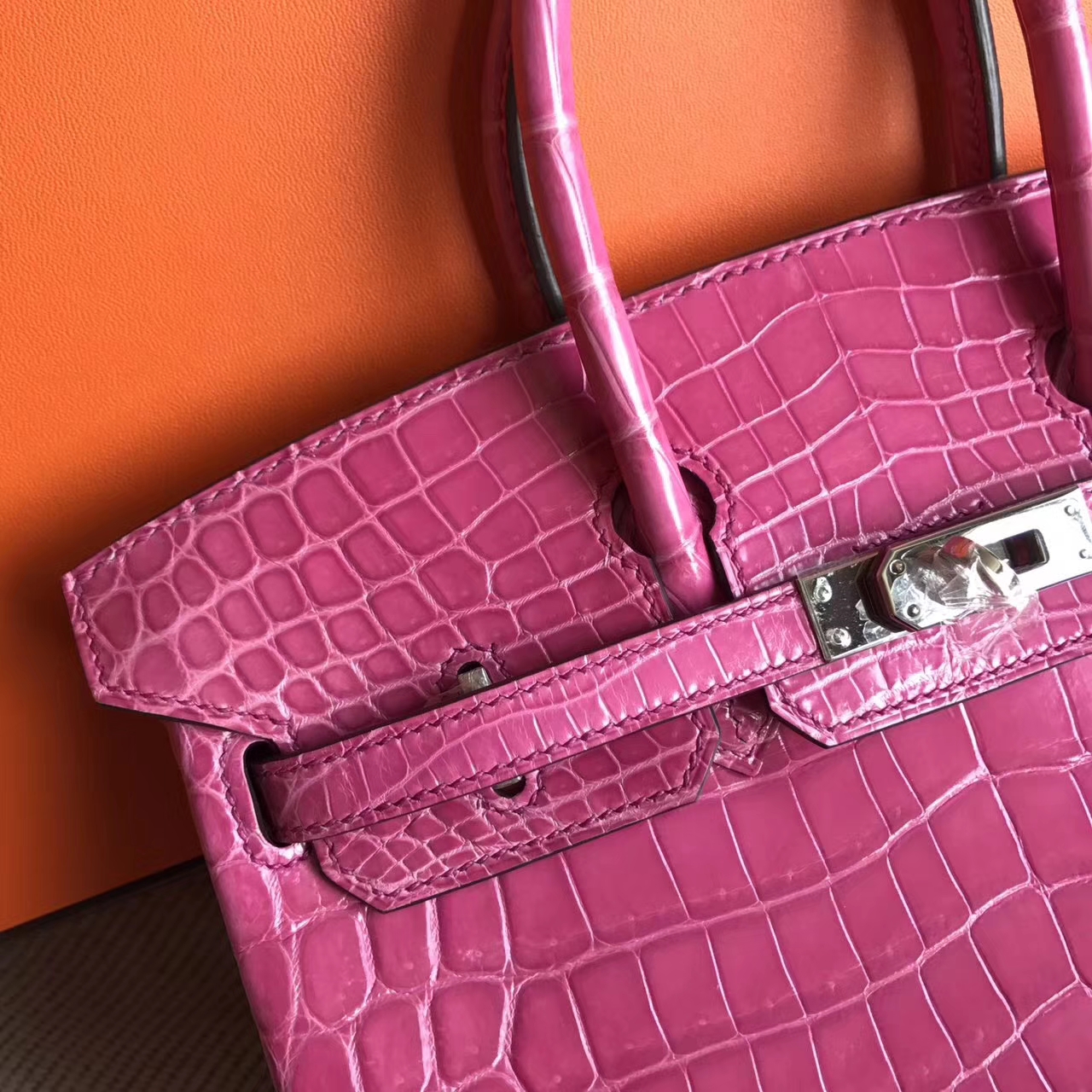 Hermes Crocodile Shiny Leather Birkin25cm Bag in E5 Rose Tyrien Silver Hardware
