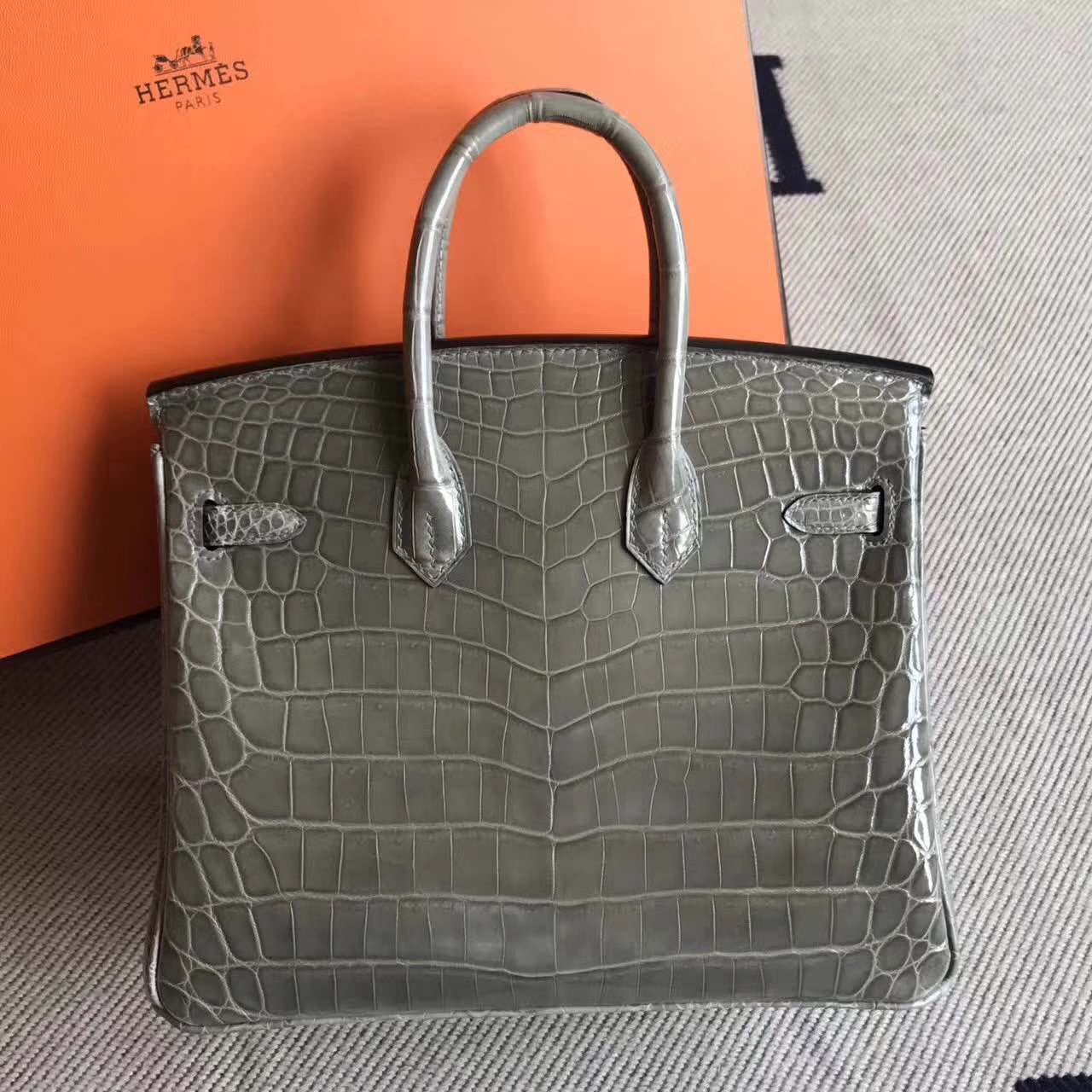 Sale Hermes C81 Gris Tourterelle Crocodile Shiny Leather Birkin Bag25cm Silver Hardware