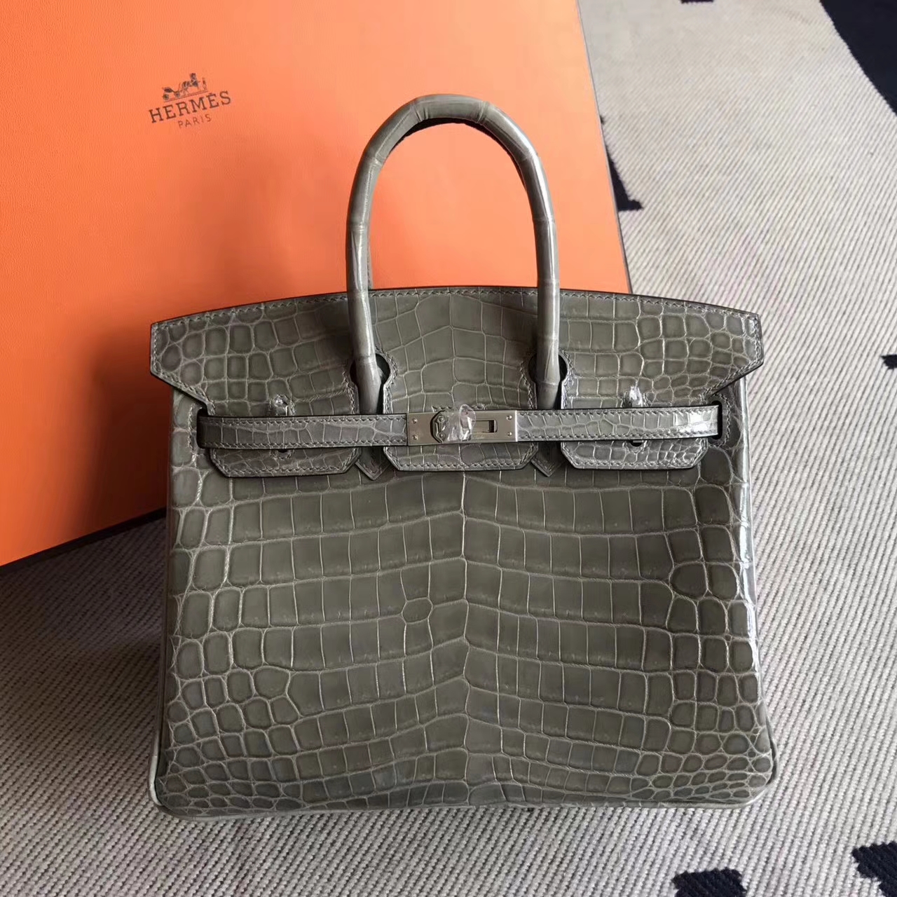 Sale Hermes C81 Gris Tourterelle Crocodile Shiny Leather Birkin Bag25cm Silver Hardware