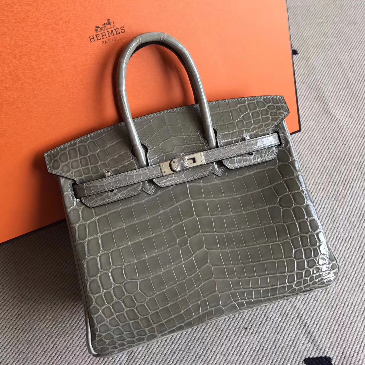 Sale Hermes C81 Gris Tourterelle Crocodile Shiny Leather Birkin Bag25cm Silver Hardware