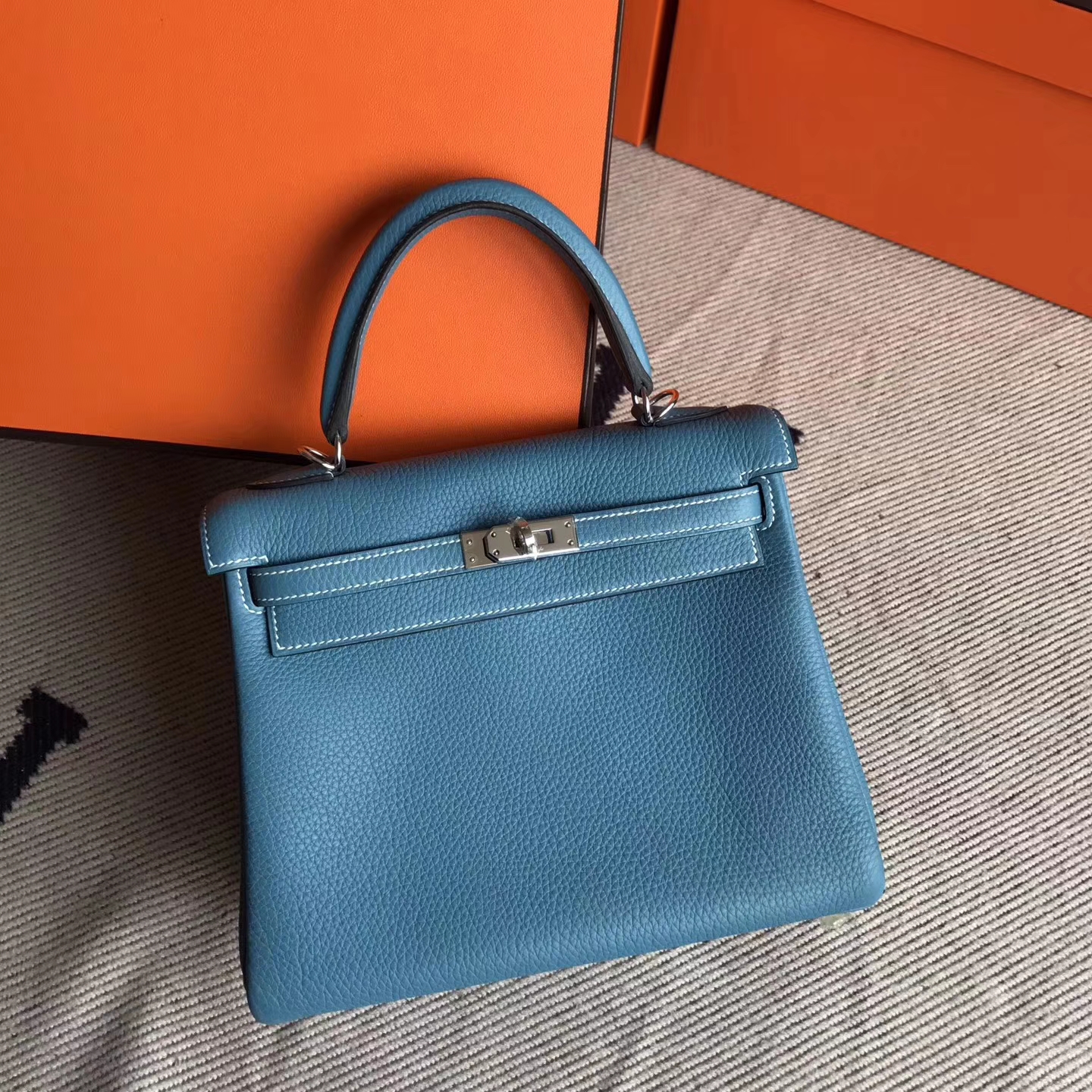 Discount Hermes Kelly Bag25cm in Blue Jean Togo Leather Silver Hardware