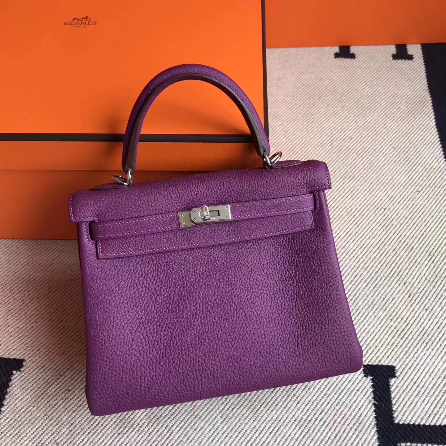 Discount Hermes P9 Anemone Purple Togo Calfskin Kelly25cm Tote Bag