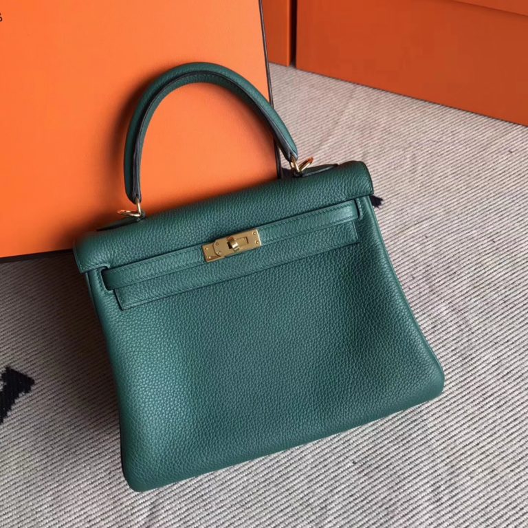 Hermes Z6 Malachite Green Togo Leather Kelly Tote Bag 25cm