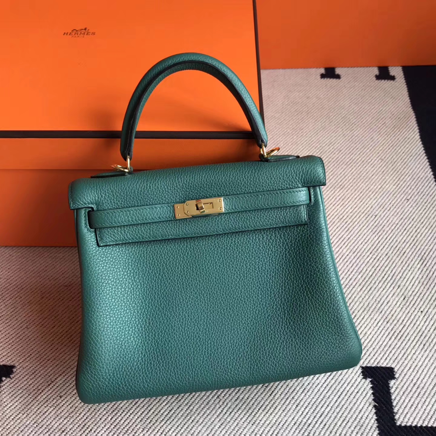 New Arrival Hermes Z6 Malachite Green Togo Leather Kelly Tote Bag25cm