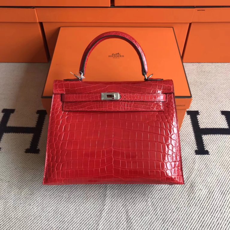 Hermes CK95 Braise Crocodile Shiny Leather Kelly 25cm Bag