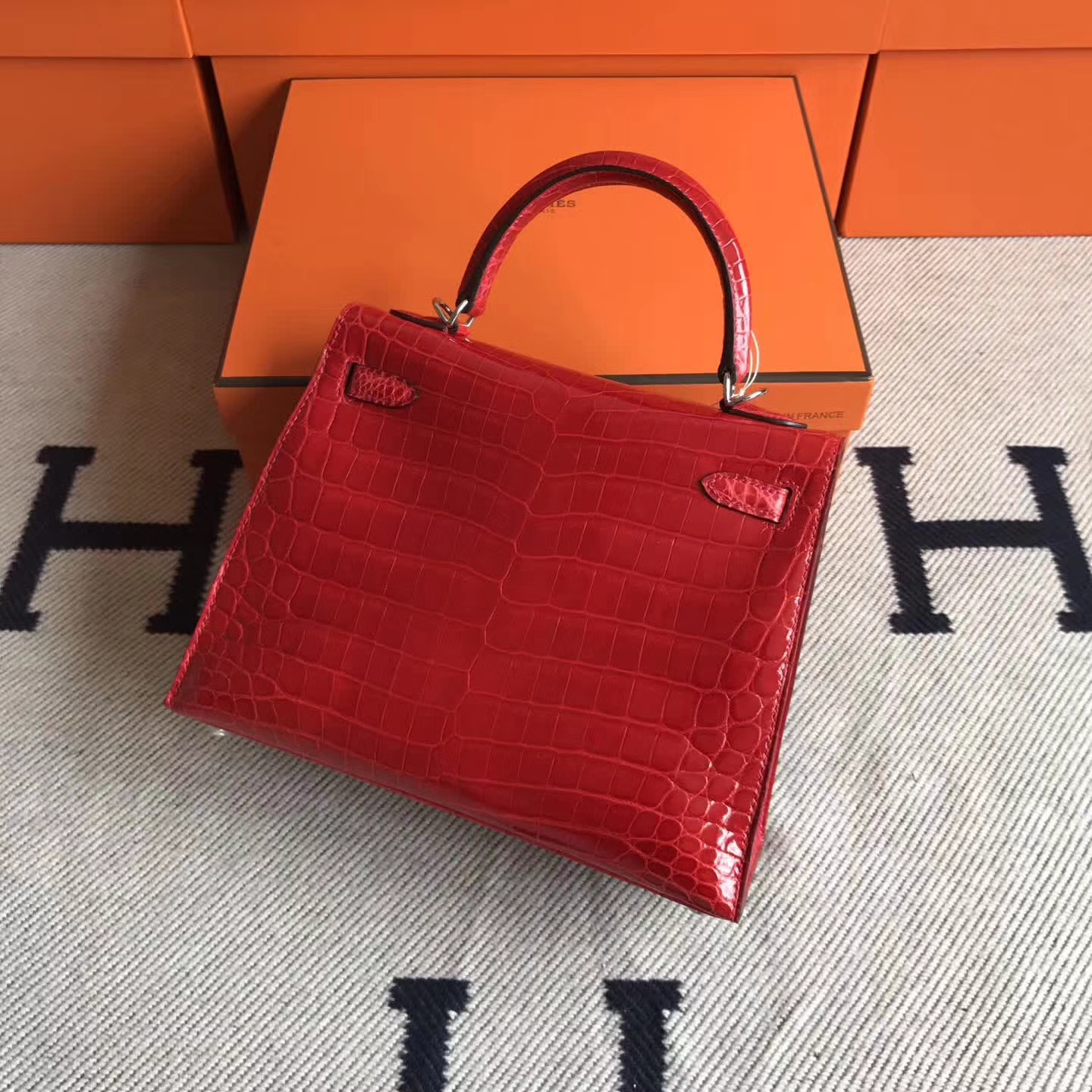 New Pretty Hermes CK95 Braise Crocodile Shiny Leather Kelly25cm Bag