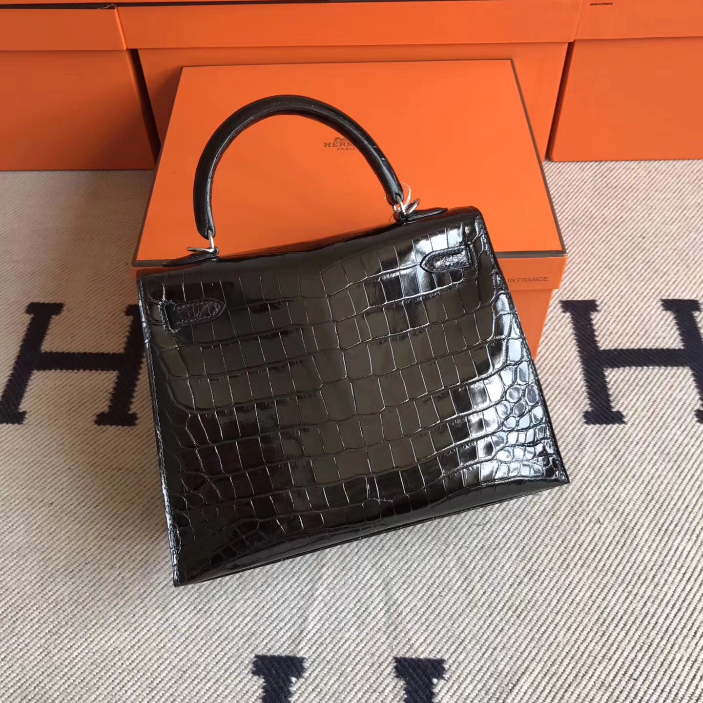 Elegant Hermes CK89 Black Crocodile Shiny Leather Kelly25cm Silver Hardware