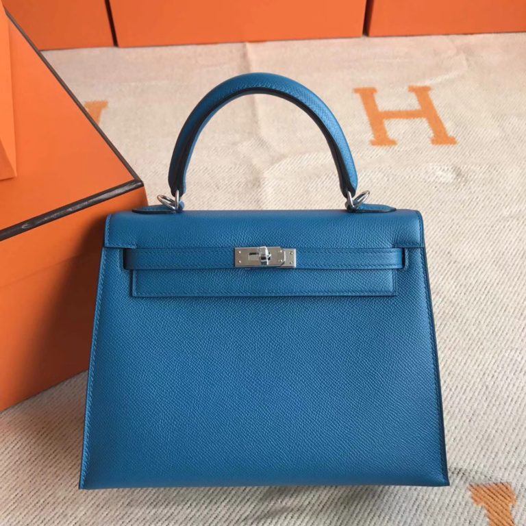On Hermes 7W Blue Izmir Epsom Leather Kelly Bag 25cm Silver Hardware