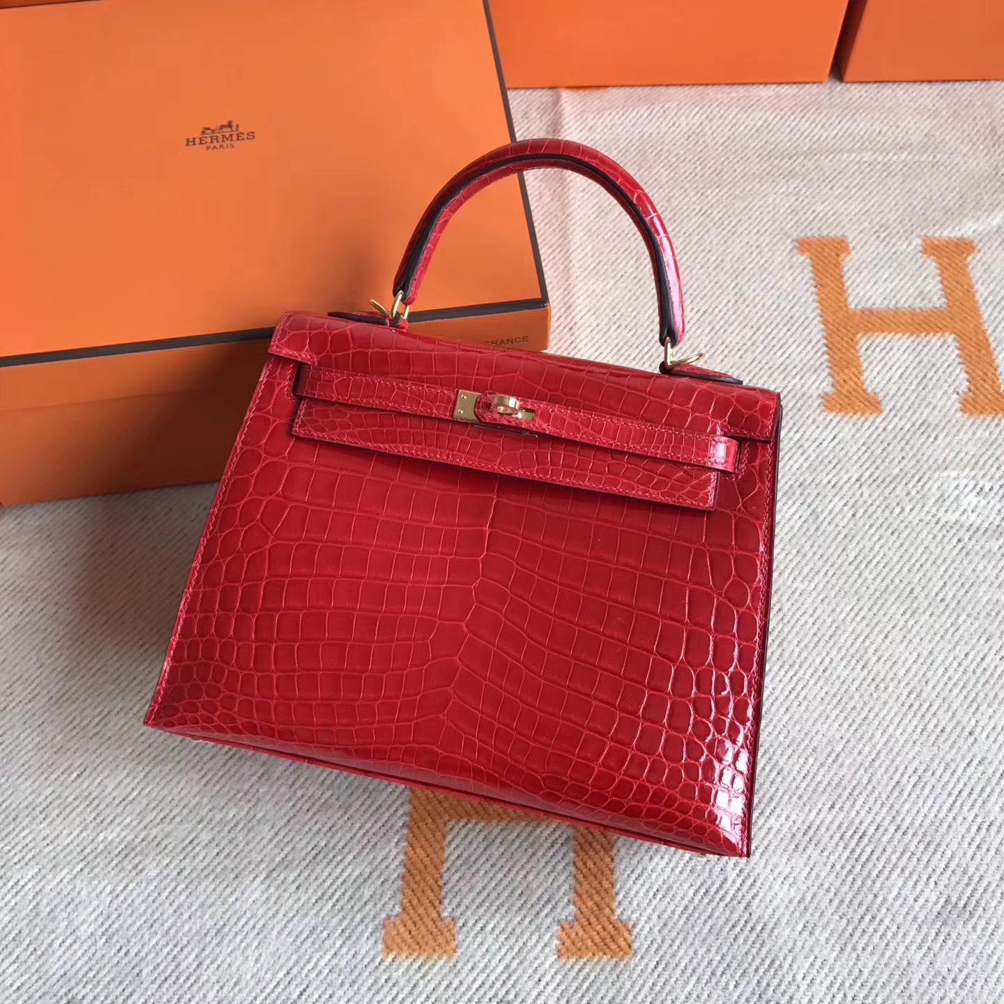 Luxury Hermes CK95 Braise Crocodile Shiny Leather Kelly Bag25cm Gold Hardware