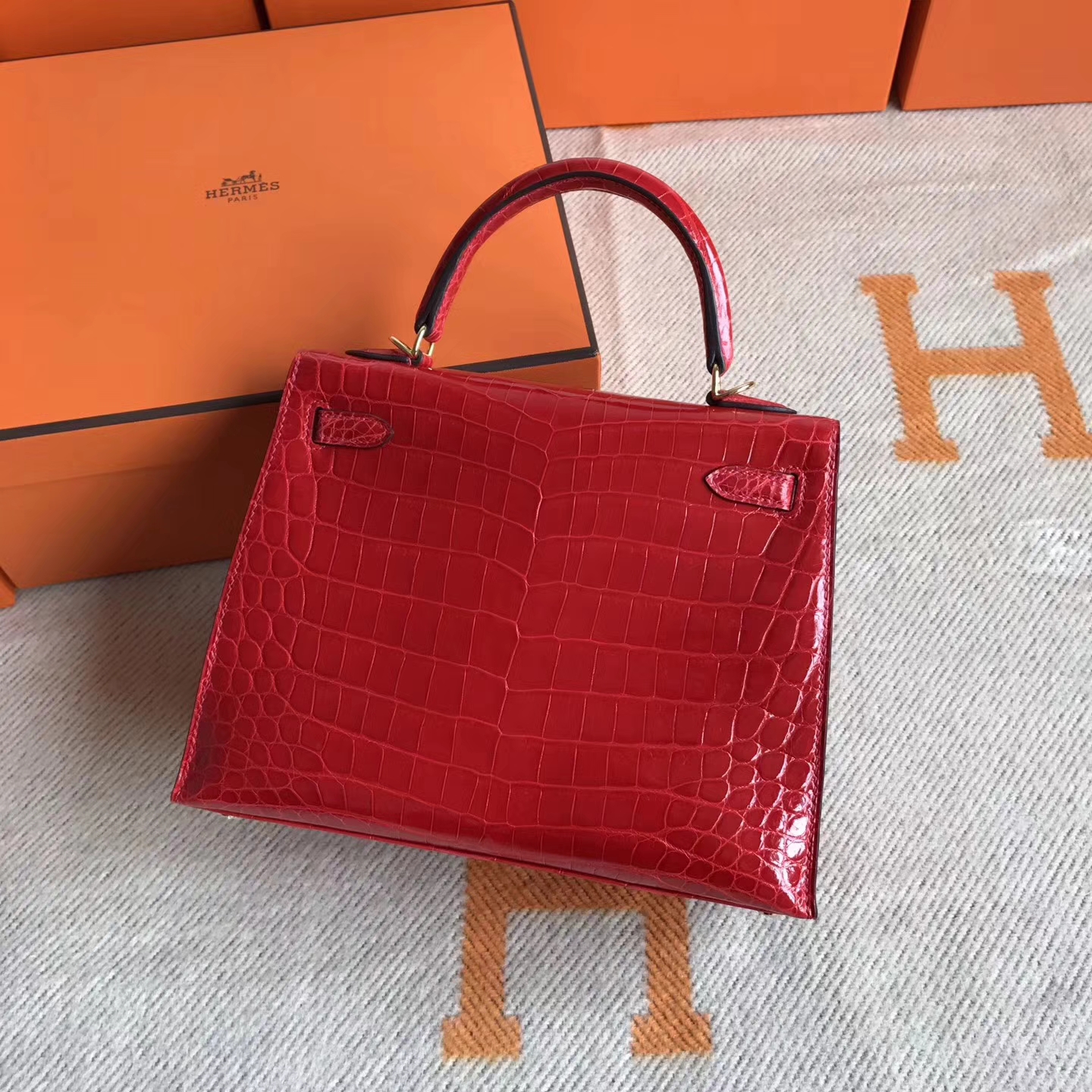 Luxury Hermes CK95 Braise Crocodile Shiny Leather Kelly Bag25cm Gold Hardware