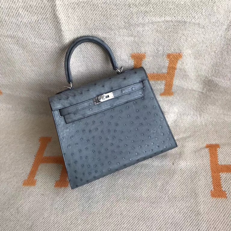 Hermes 8F Etain Grey Ostrich LeatherSellier Kelly Bag 25cm
