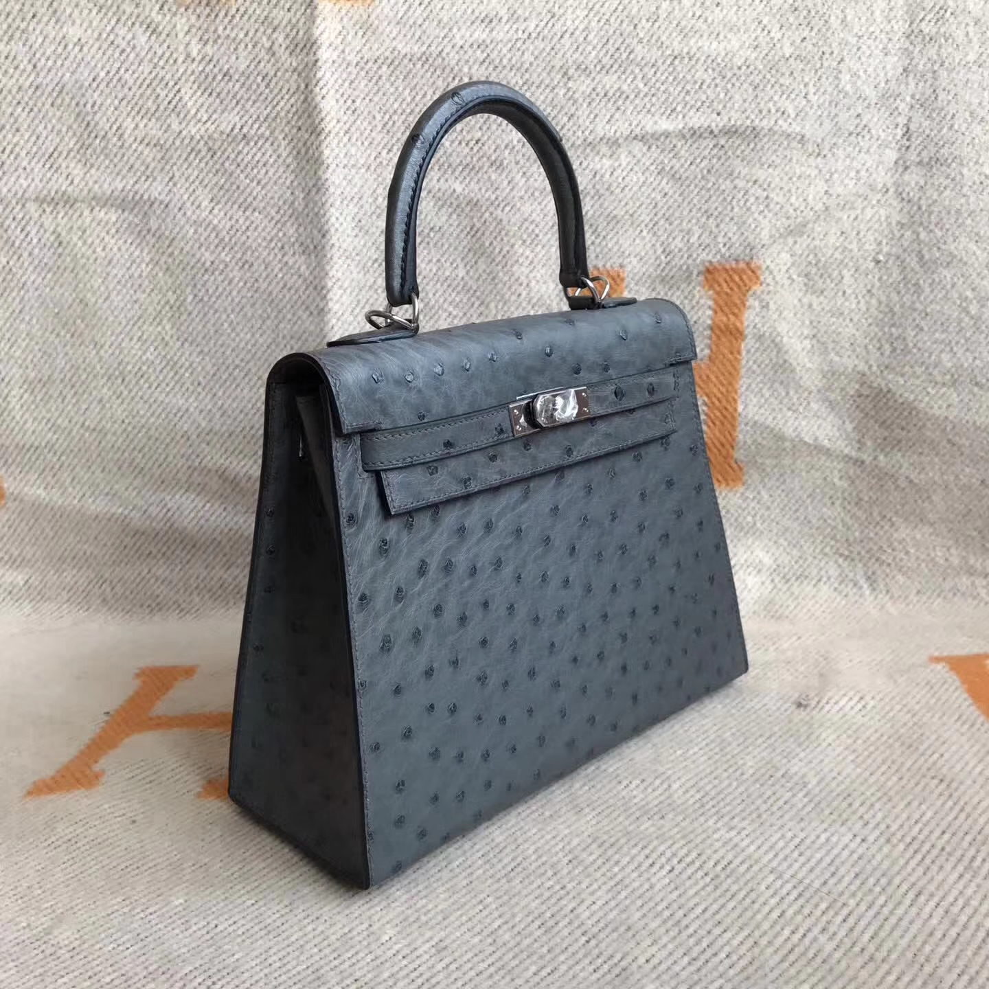 Discount Hermes 8F Etain Grey Ostrich LeatherSellier Kelly Bag25cm