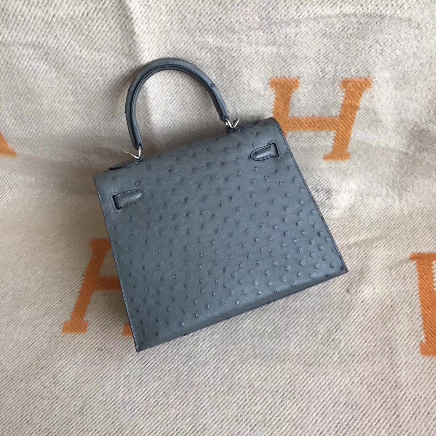 Discount Hermes 8F Etain Grey Ostrich LeatherSellier Kelly Bag25cm