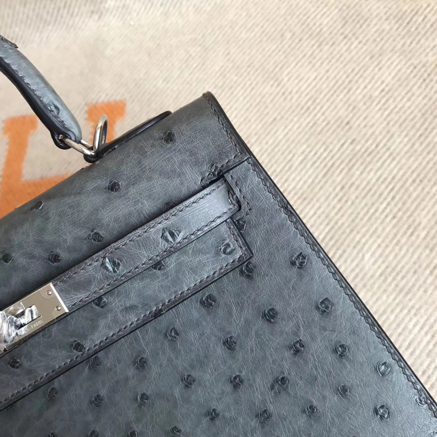 Discount Hermes 8F Etain Grey Ostrich LeatherSellier Kelly Bag25cm