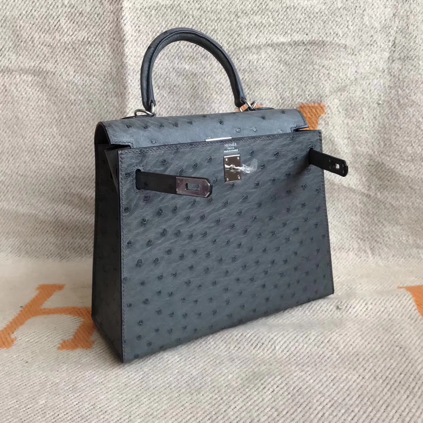 Discount Hermes 8F Etain Grey Ostrich LeatherSellier Kelly Bag25cm