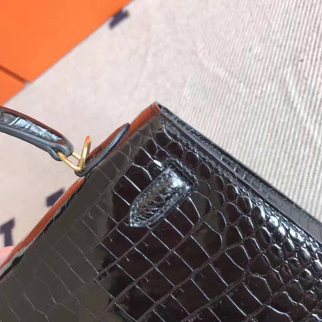 On Sale Hermes CK89 Black Porosus Shiny Leather Kelly Bag25cm Gold Hardware