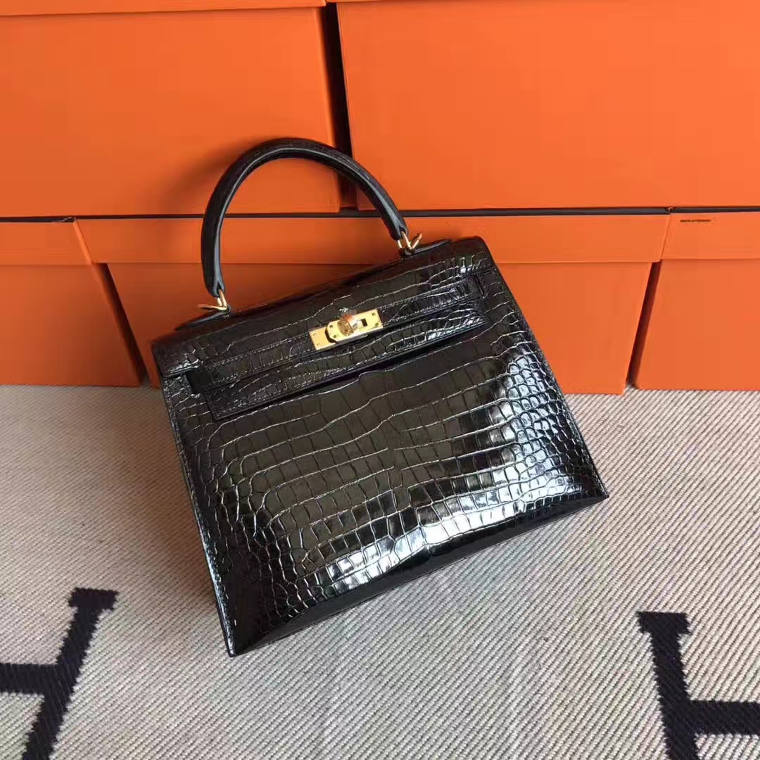 On Sale Hermes CK89 Black Porosus Shiny Leather Kelly Bag25cm Gold Hardware