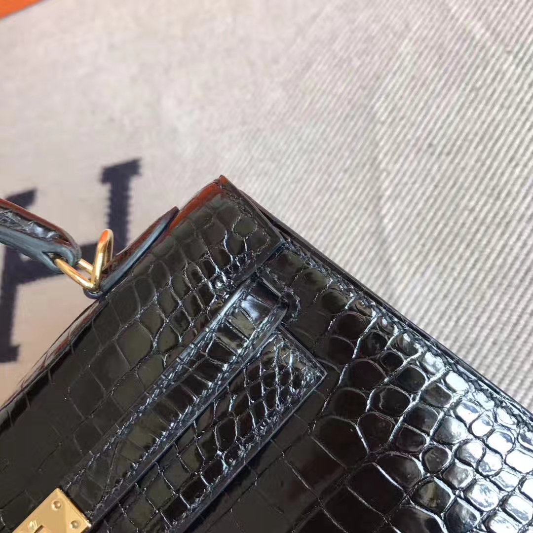 On Sale Hermes CK89 Black Porosus Shiny Leather Kelly Bag25cm Gold Hardware