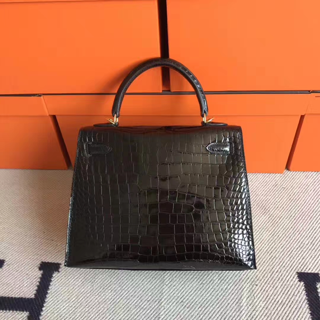 On Sale Hermes CK89 Black Porosus Shiny Leather Kelly Bag25cm Gold Hardware