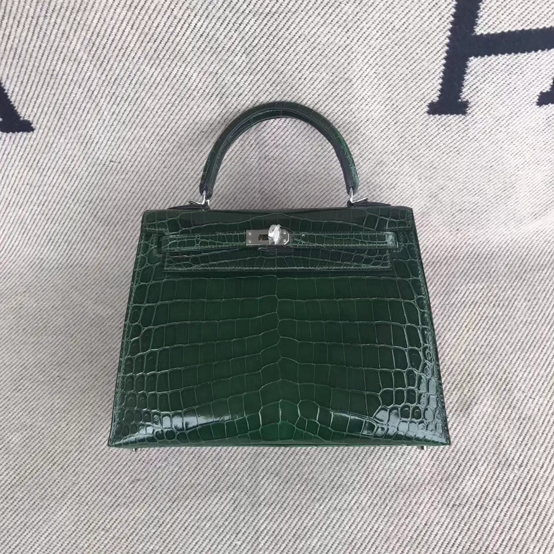 Luxury Hermes CK67 Vert Fonce Crocodile Shiny Leather Kelly Tote Bag25CM