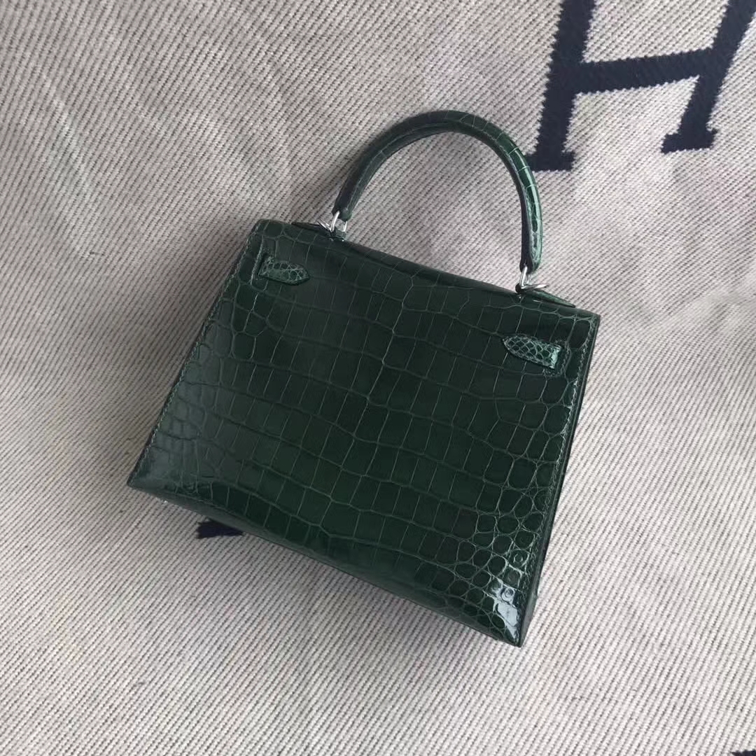 Luxury Hermes CK67 Vert Fonce Crocodile Shiny Leather Kelly Tote Bag25CM