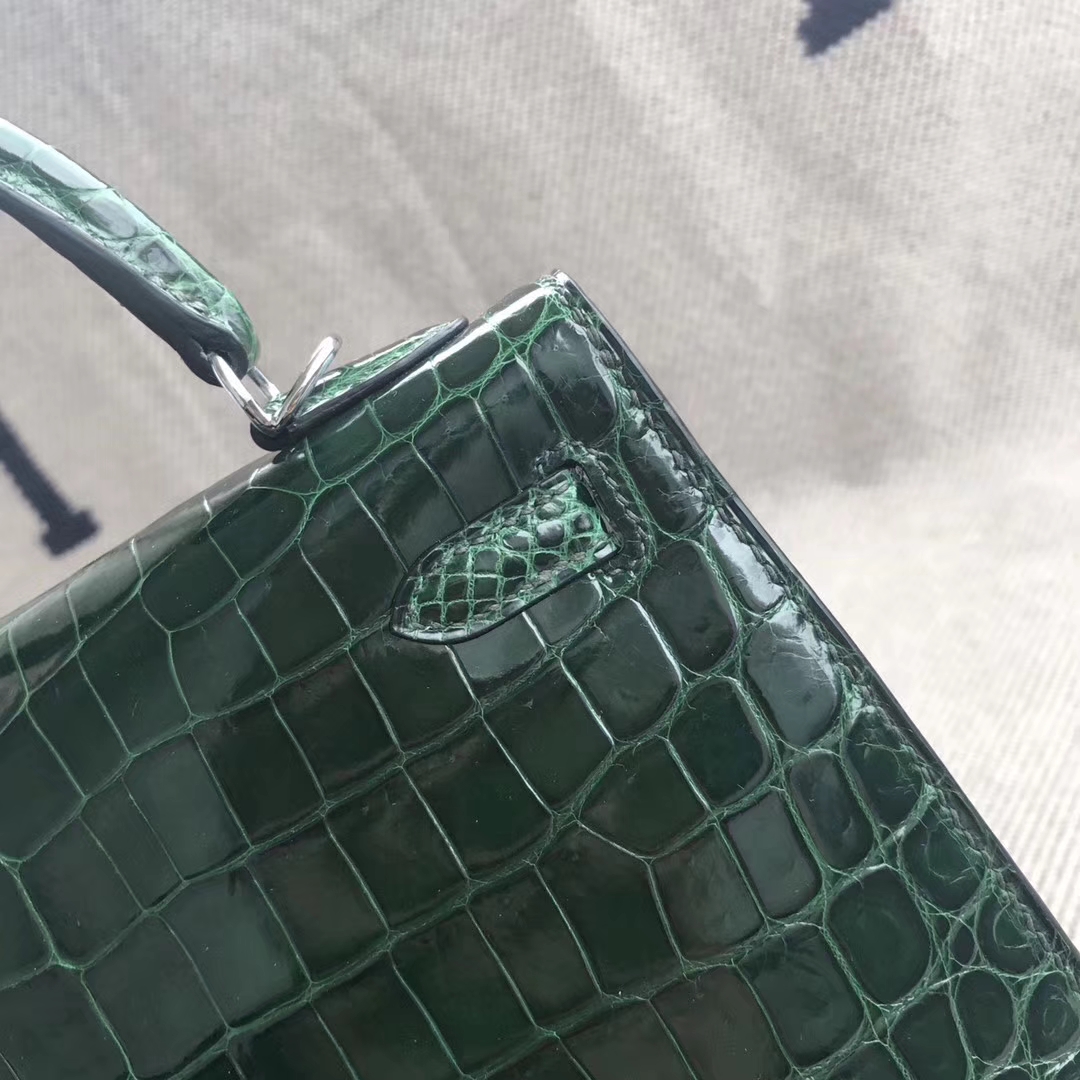 Luxury Hermes CK67 Vert Fonce Crocodile Shiny Leather Kelly Tote Bag25CM