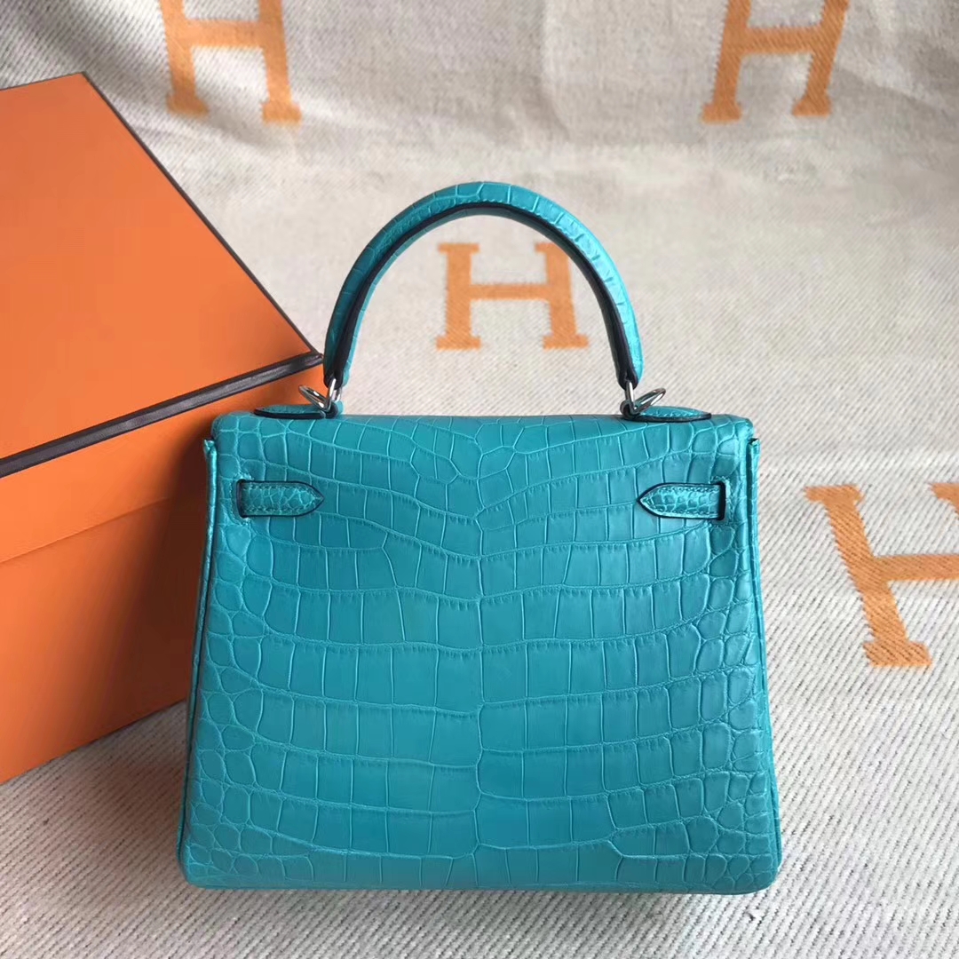 New Arrival Hermes Crocodile Matt Kelly Bag25CM in 7F Blue Paon Silver Hardware