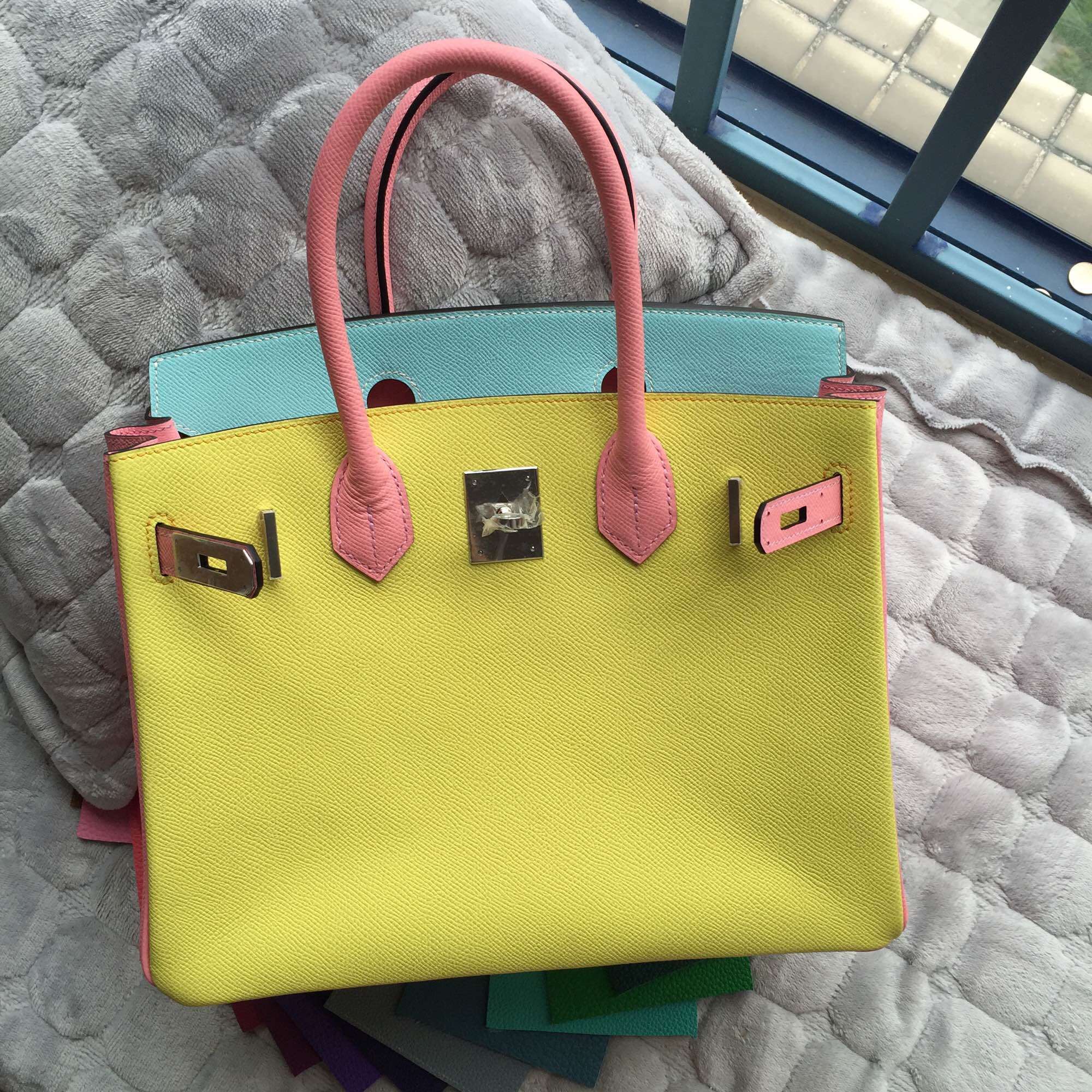 30CM Hermes Birkin Bag C9 Lime Yellow/3P Lagon Blue/1Q Rose Confetti Epsom Leather