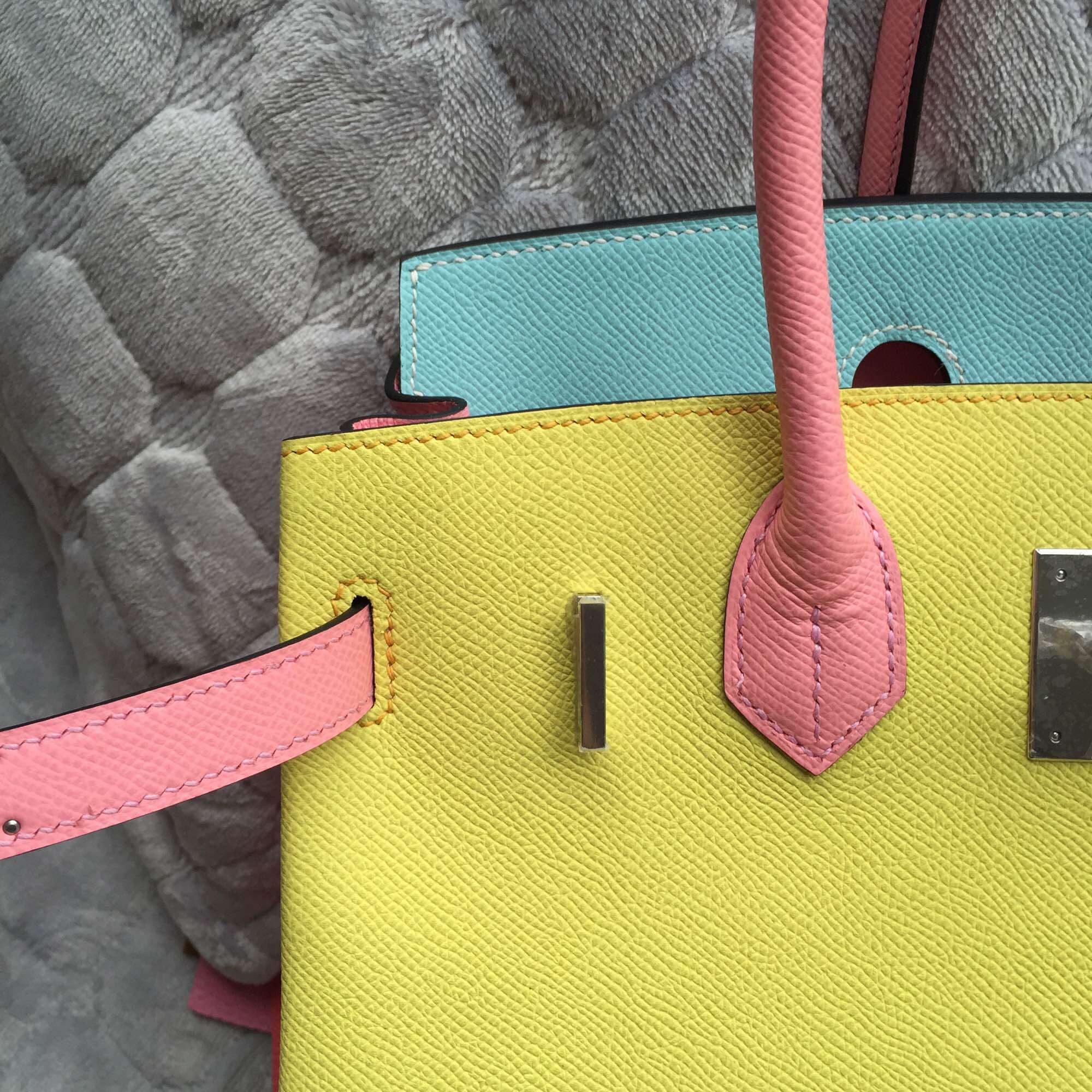 30CM Hermes Birkin Bag C9 Lime Yellow/3P Lagon Blue/1Q Rose Confetti Epsom Leather