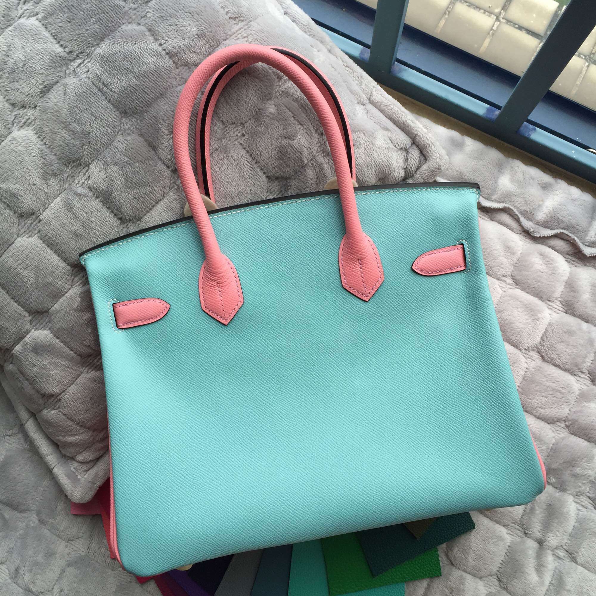 30CM Hermes Birkin Bag C9 Lime Yellow/3P Lagon Blue/1Q Rose Confetti Epsom Leather