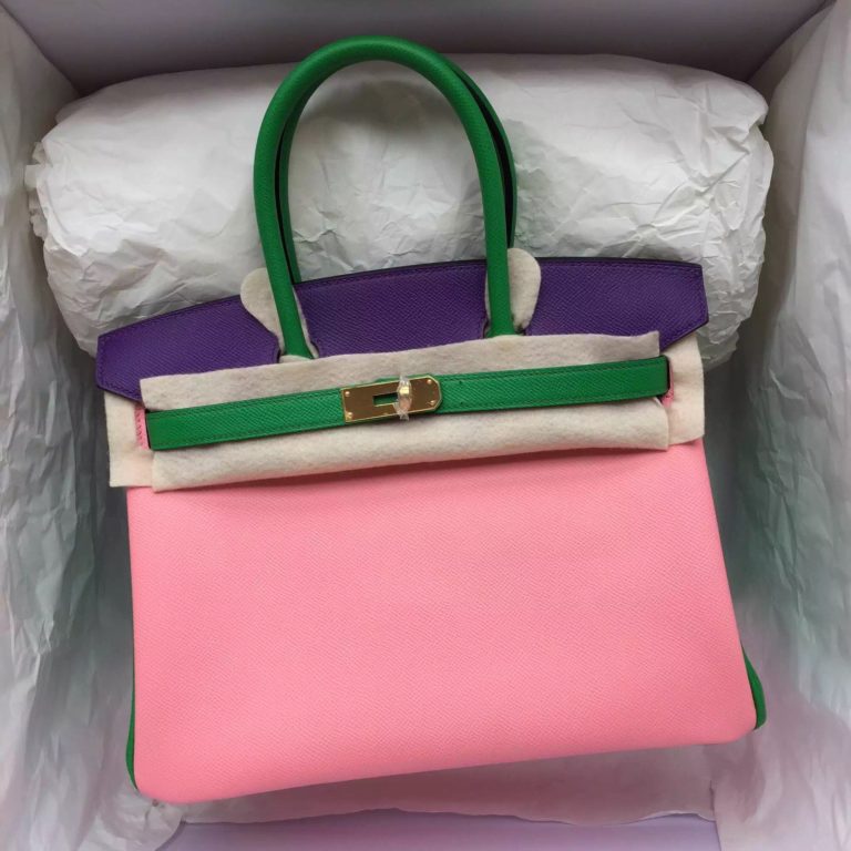 Hermes Birkin Bag  30CM 1Q Rose Confetti/1K Bamboo Green/9W Ultraviolet Epsom Leather