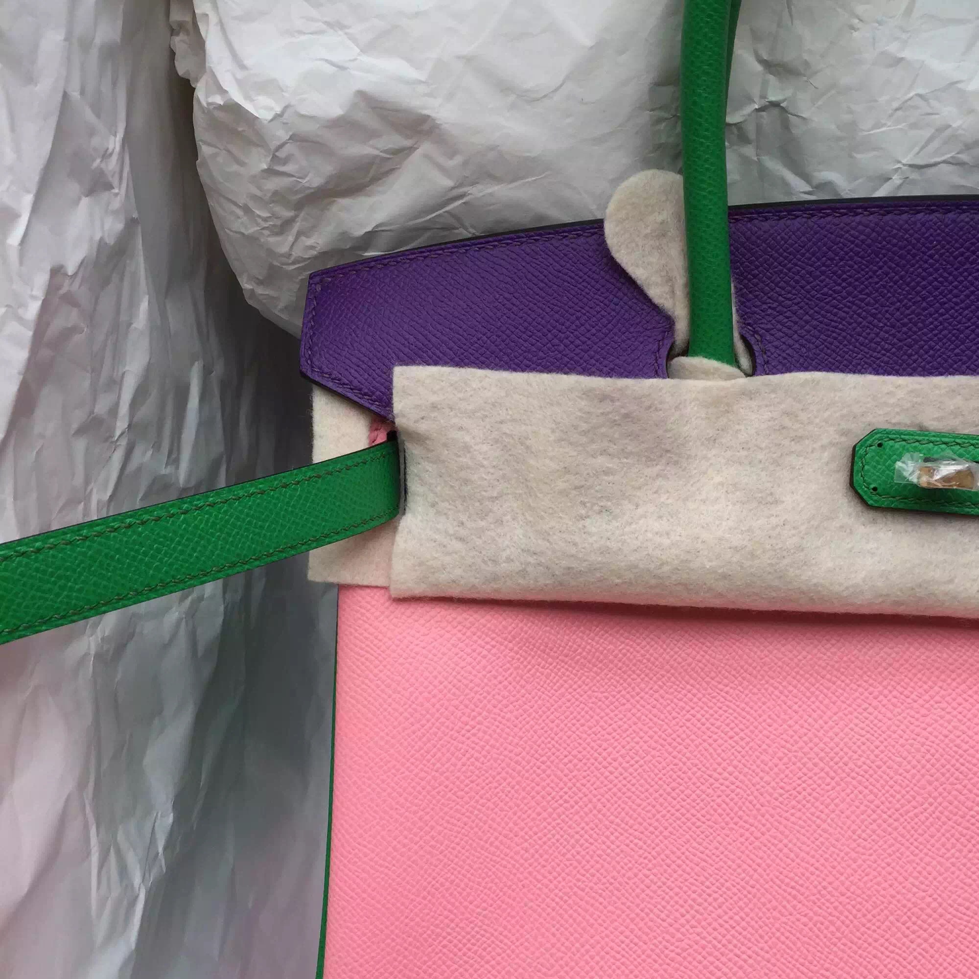 Wholesale Hermes Birkin Bag 30CM 1Q Rose Confetti/1K Bamboo Green/9W Ultraviolet Epsom Leather