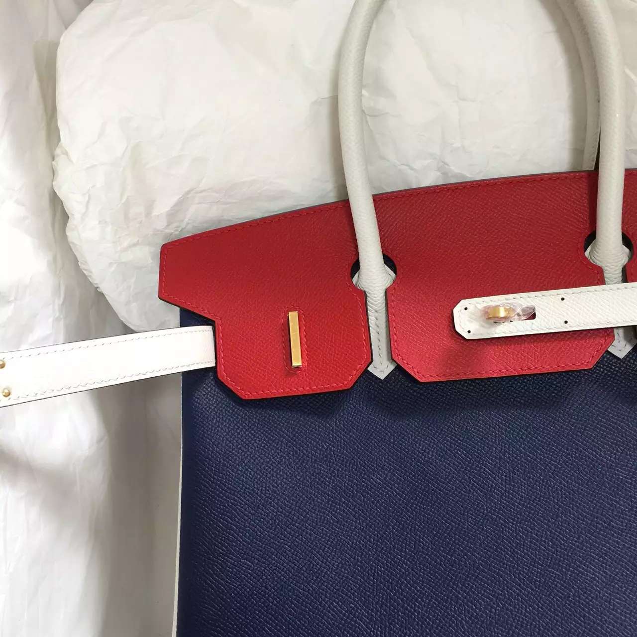 Hermes 7K Blue Saphir/Q5 Red/White Epsom Leather Birkin 30CM Gold Hardware Handbag