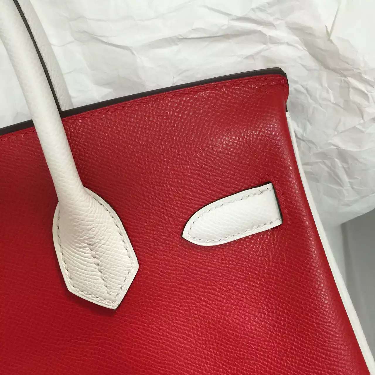 Hermes 7K Blue Saphir/Q5 Red/White Epsom Leather Birkin 30CM Gold Hardware Handbag