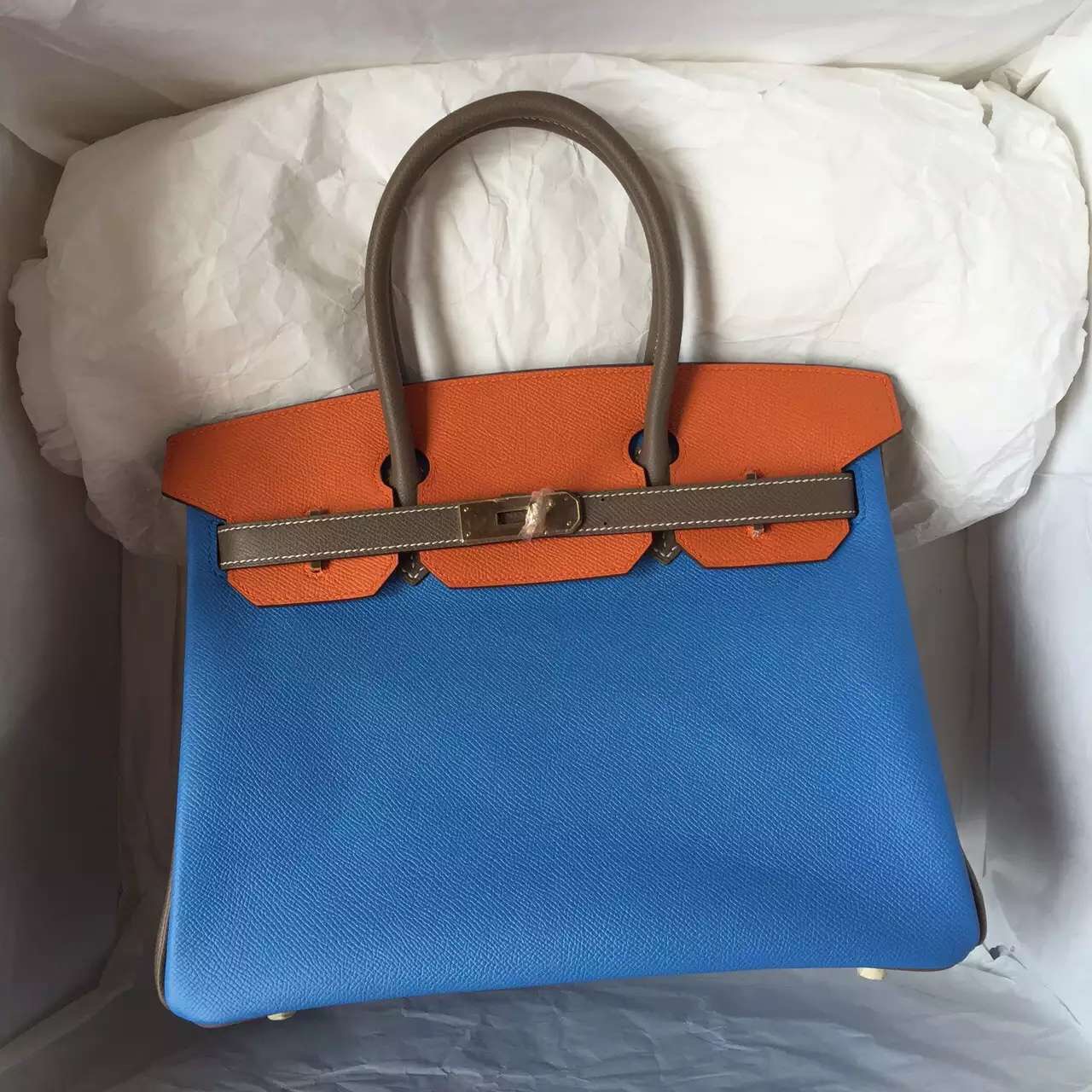 Cheap Hermes Epsom Leather Birkin Bag 30CM in 2T Blue Paradise/Etoupe Grey/Orange Color