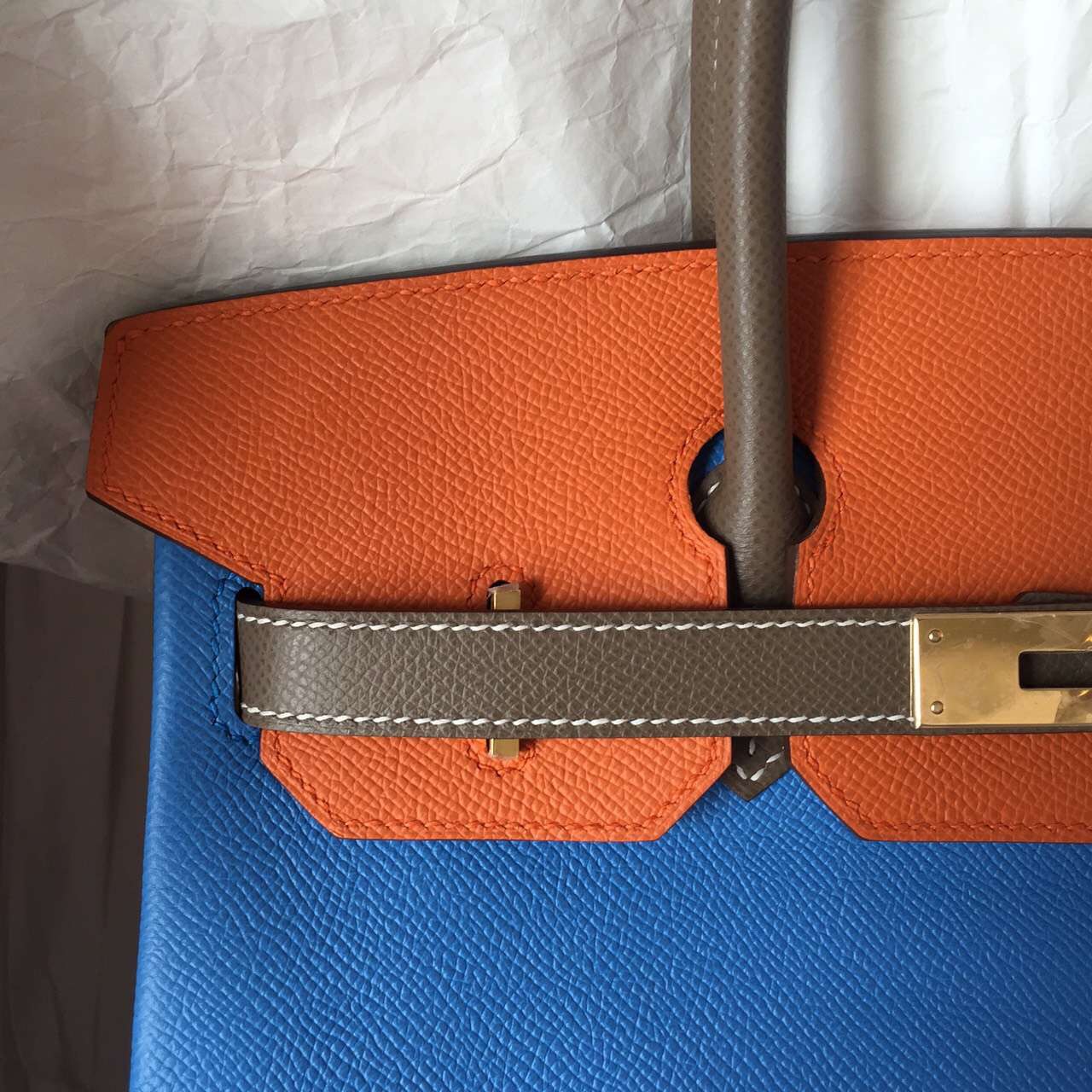 Cheap Hermes Epsom Leather Birkin Bag 30CM in 2T Blue Paradise/Etoupe Grey/Orange Color