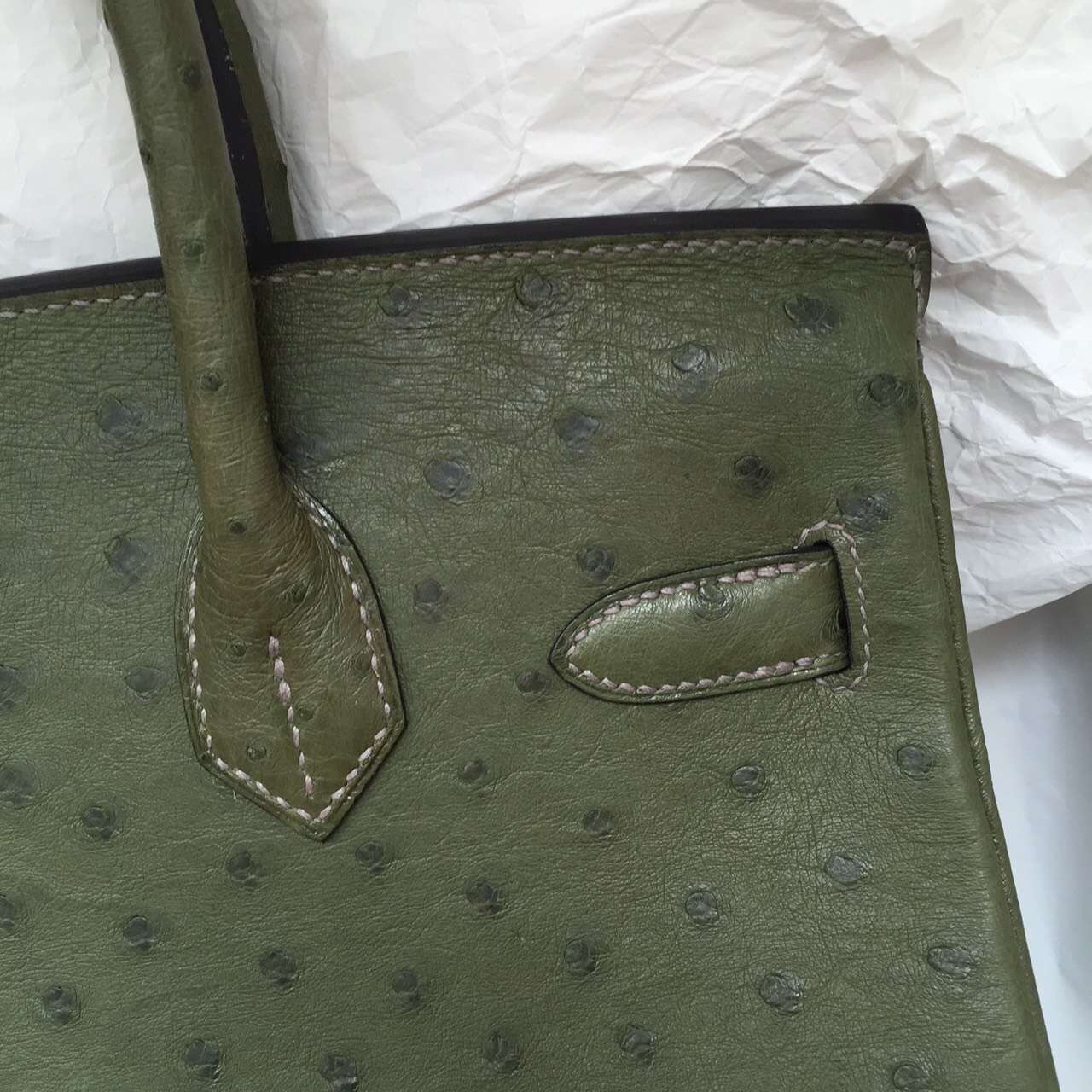 Hand Stitching Hermes Birkin 30CM in V6 Canopee Green Ostrich Leather Tote Bag