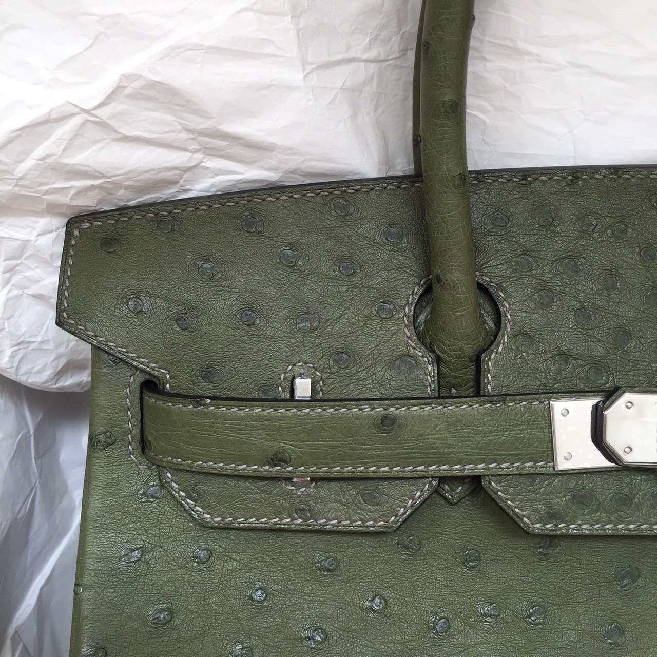 Hand Stitching Hermes Birkin 30CM in V6 Canopee Green Ostrich Leather Tote Bag