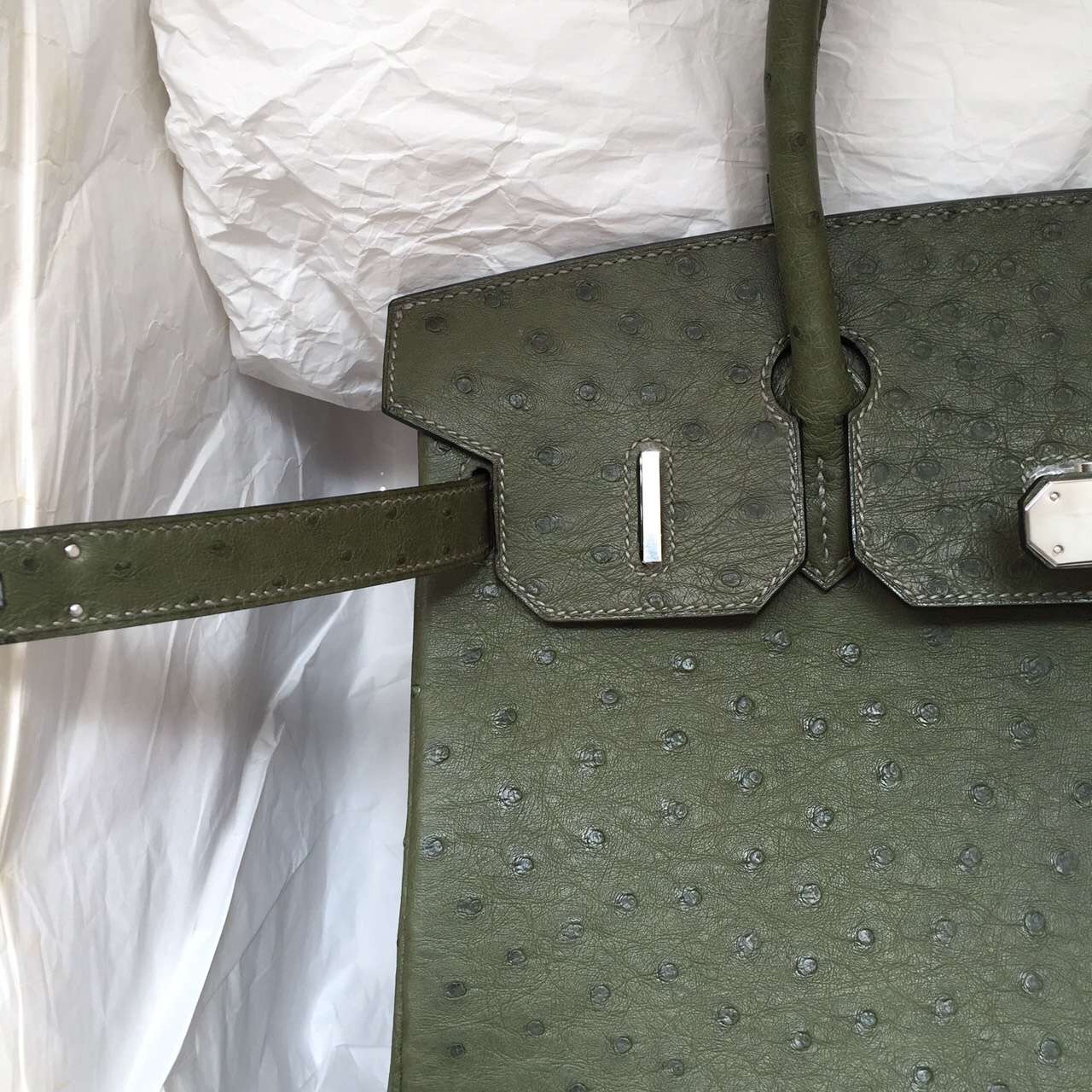 Hand Stitching Hermes Birkin 30CM in V6 Canopee Green Ostrich Leather Tote Bag