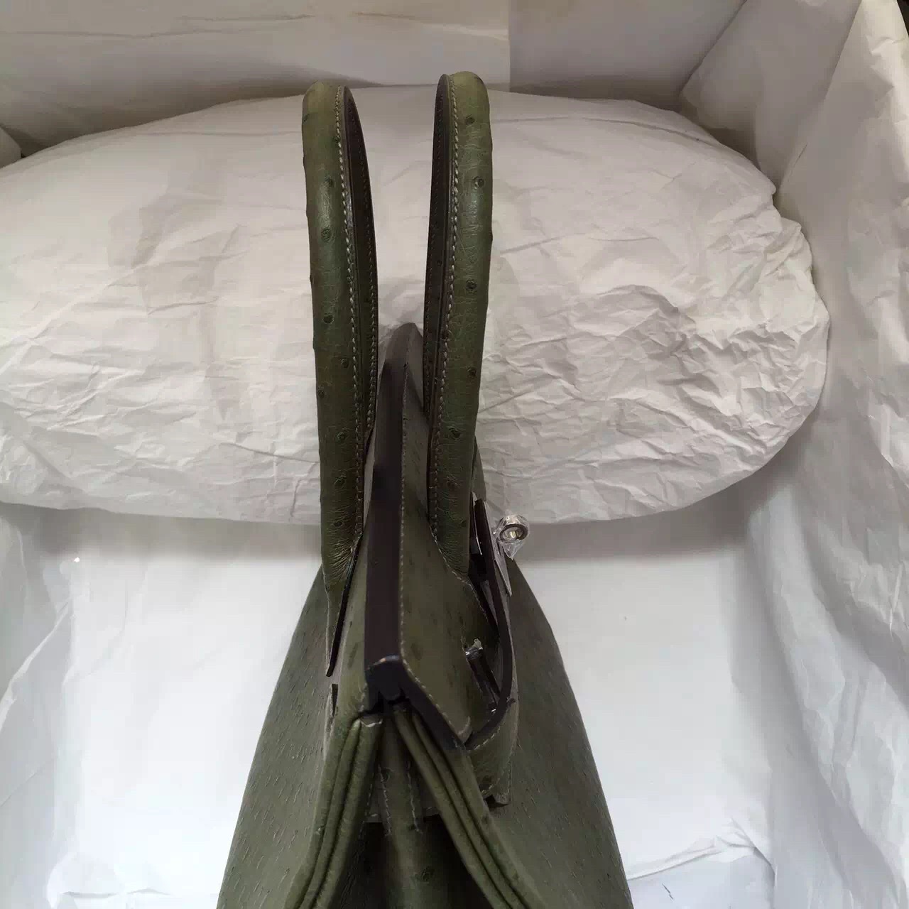 Hand Stitching Hermes Birkin 30CM in V6 Canopee Green Ostrich Leather Tote Bag