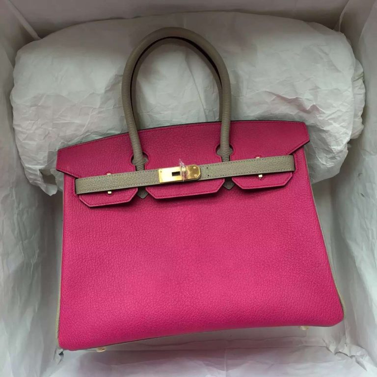 2015 Hermes E5 Candy Pink & Tourterelle Grey Chevre Leather Birkin Bag  30CM
