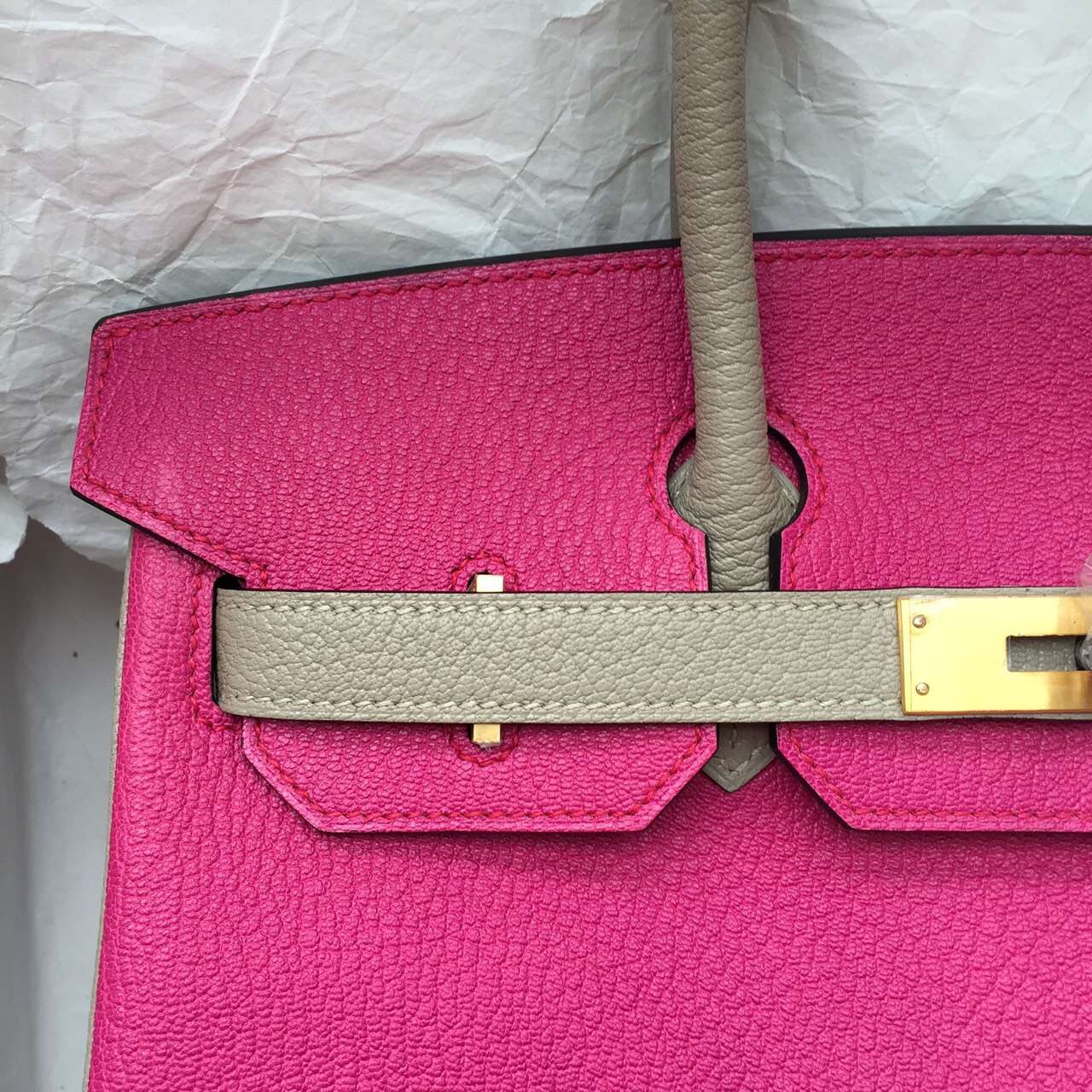 2015 New Fashion Hermes E5 Candy Pink &#038; Tourterelle Grey Chevre Leather Birkin Bag 30CM