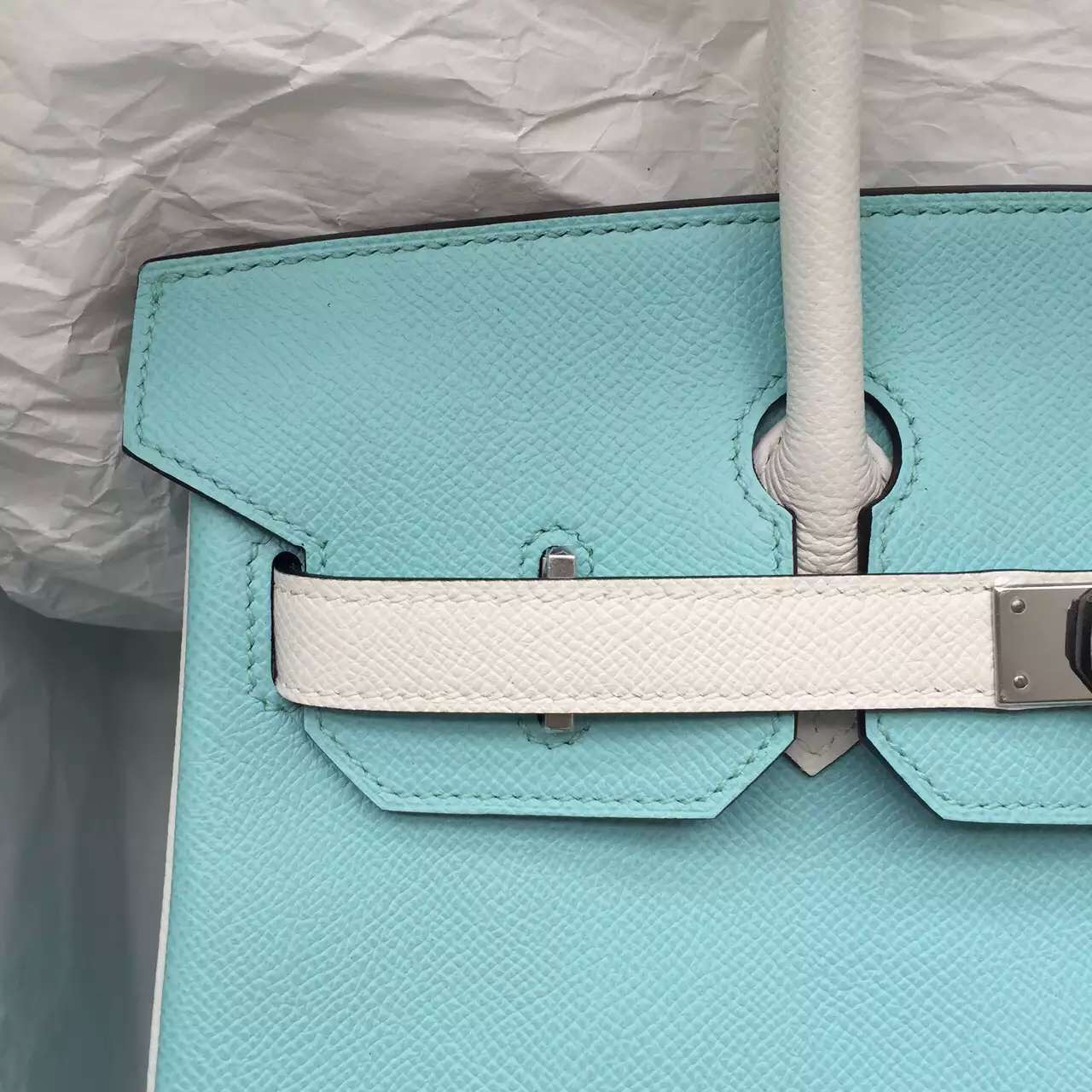 New Fashion Hermes 3P Lagon Blue &#038; White Epsom Leather Birkin Bag 30CM