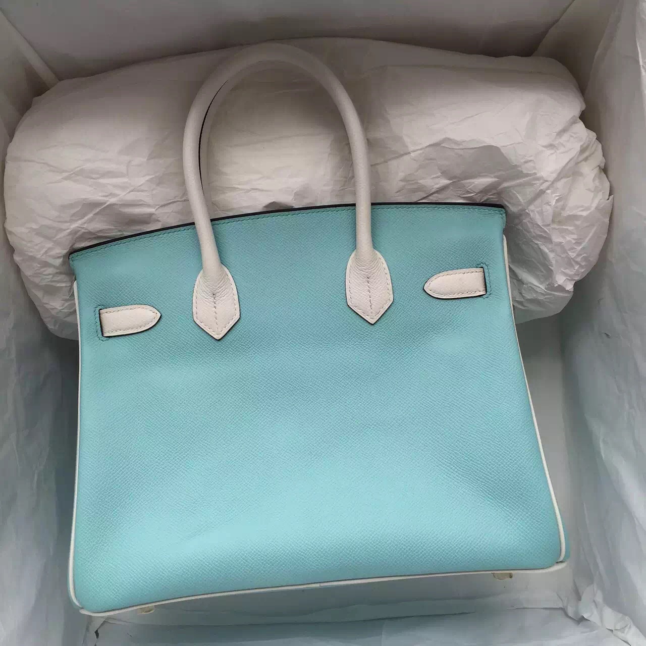 New Fashion Hermes 3P Lagon Blue &#038; White Epsom Leather Birkin Bag 30CM