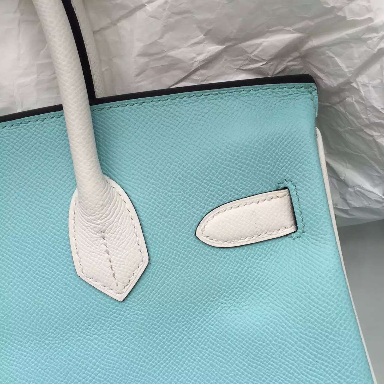 New Fashion Hermes 3P Lagon Blue &#038; White Epsom Leather Birkin Bag 30CM
